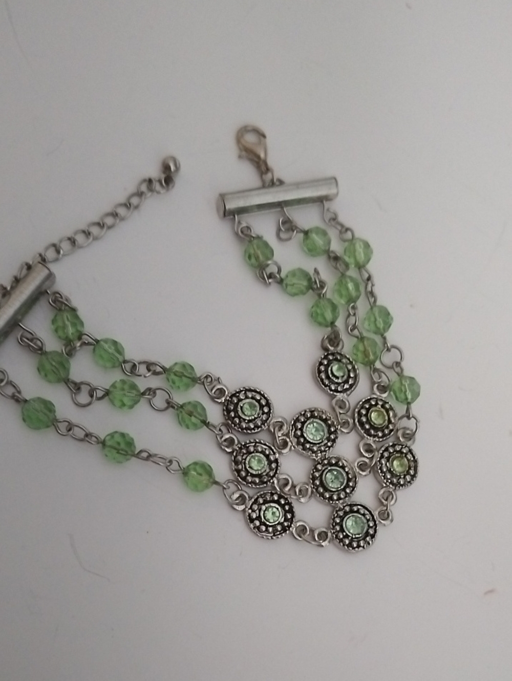 Silver-Tone Green Beaded Multi-Row Bracelet